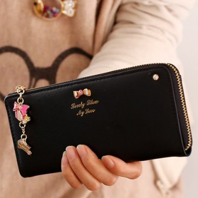 Sweet Women's Clutch Wallet With Bow and Pendant Design